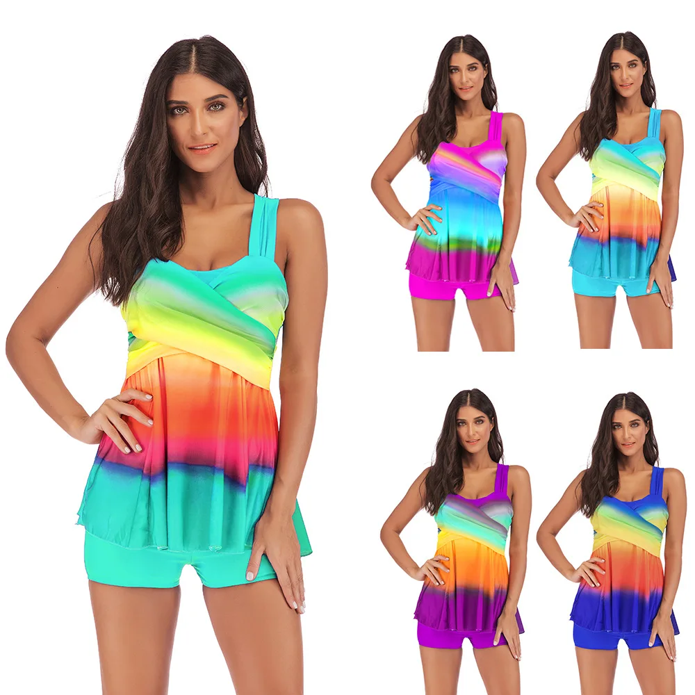 

Tankini Gradient Colorful Plus Size 5XL Swimsuit Women's Separate Bikini High Waist Bather Push Up Two Piece Suit