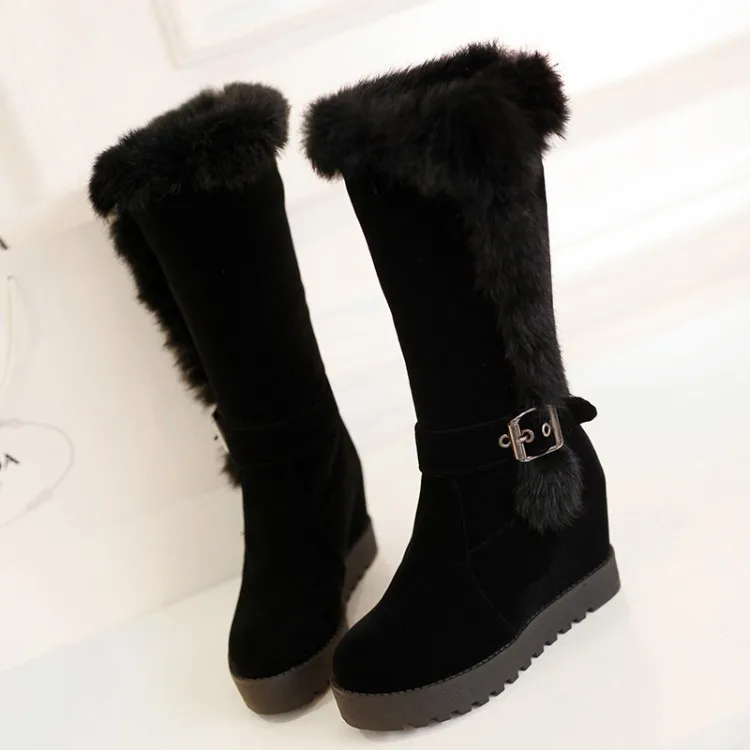 Free Shipping,Wedge Platform Black Faux Suede Buckle Strap Fur Trim Mid