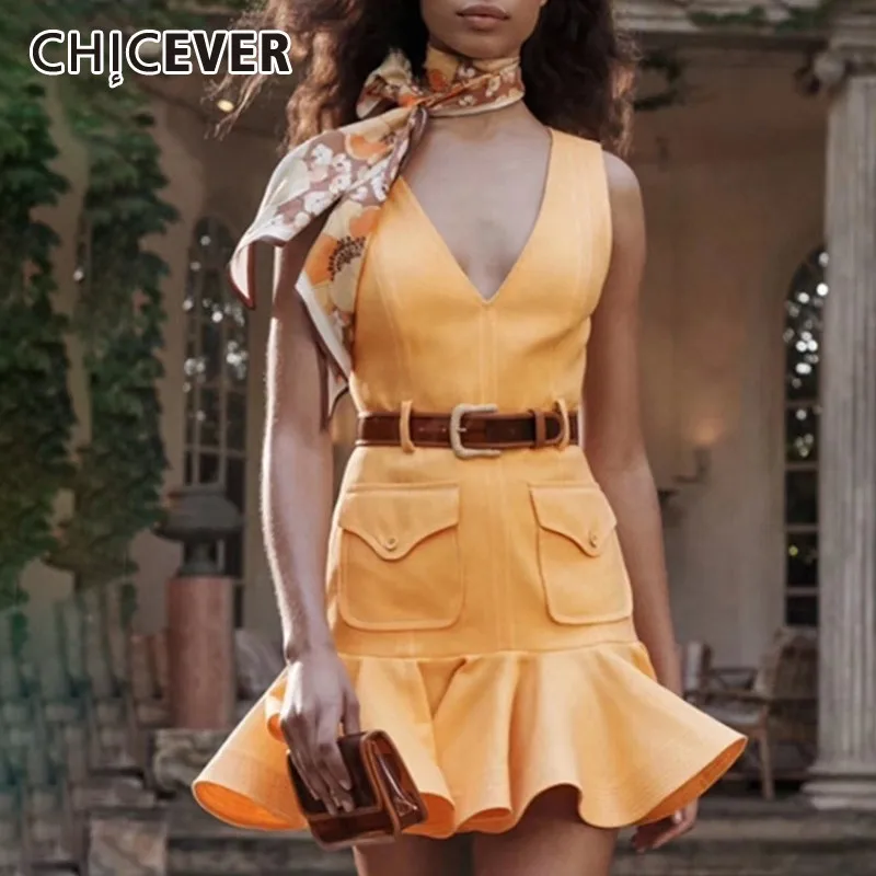 

CHICEVER Korean A Line Dress Women Hem Ruffles V Neck Sleeveless Off Shoulder With Sashes 2019 Summer Female Dresses Fashion New