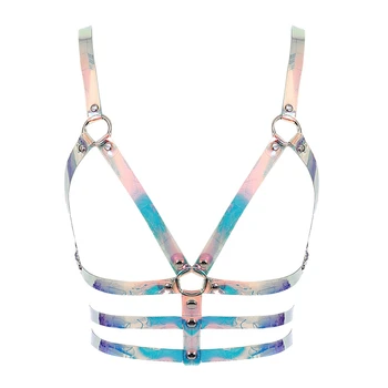 

PU Leather Harness Cage Bra Body Bondage Adjust Colorful Laser Lingerie Goth Punk Sexy Tops Halloween Dance Festival Rave Wear