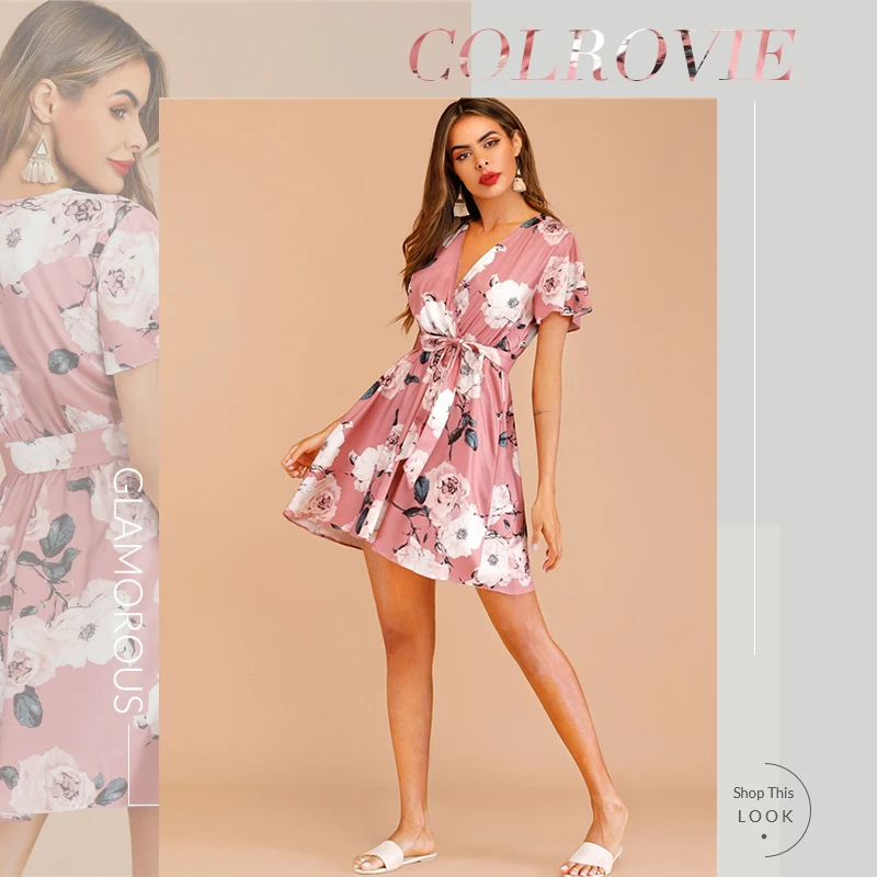COLROVIE, розовое платье с v-образным вырезом и цветочным принтом, с поясом, женское платье в стиле бохо,, летнее платье с высокой талией, Пляжное Платье для отдыха, короткое платье