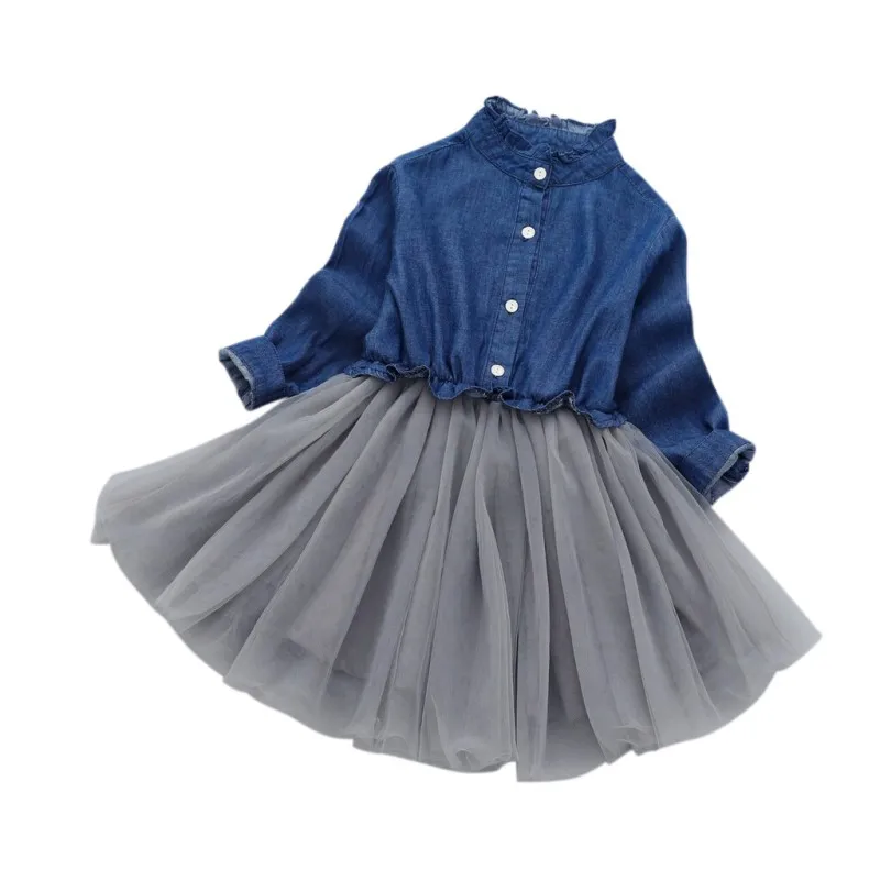 Full Sleeve Toddler Kids Dress Girl Spring Autumn Denim Mesh Patchwork Princess Comfortable For Dressing | Детская одежда и обувь
