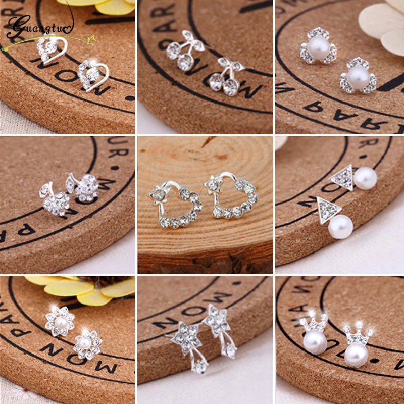 New Fashion Exquisite Stud Earrings Cute Cherry Star Crown Crystal Imitation Pearl For Women Piercing Jewelry Brincos Gift
