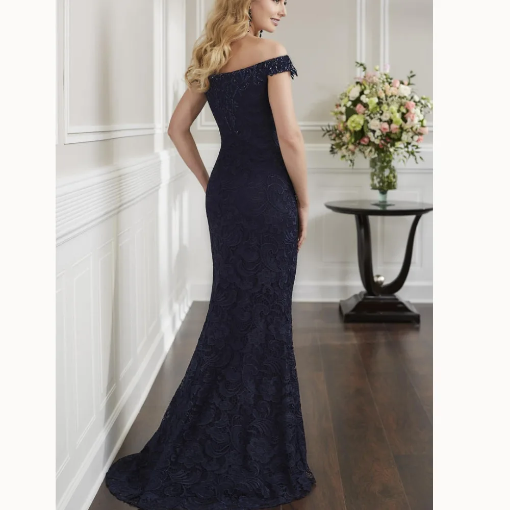 Vestido de madrinha темно-синее кружево Бисероплетение платье с открытыми плечами кружева развертки Мать платье Мать невесты платья плюс размер