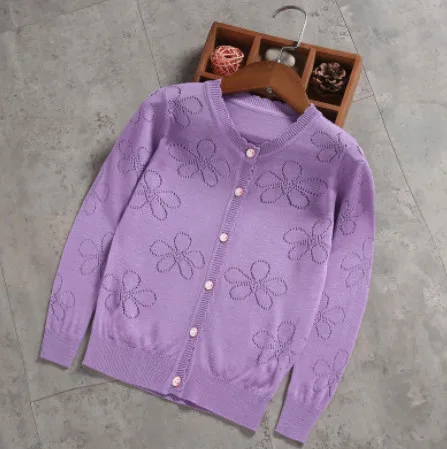 purple Кардиган для девочек, с длинными рукавами, верхняя одежда детские, для малышей с цветочным принтом свитера открытой вязки летние Вязание Детская Верхняя одежда куртка подарки - Цвет: purple