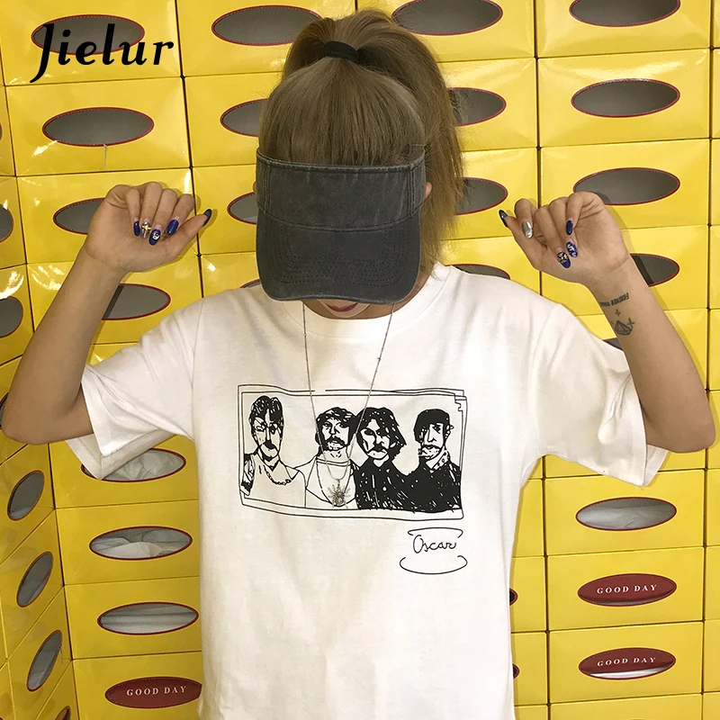 Уличная мода Jielur черные футболки для женщин Harajuku BF необычная Футболка с принтом