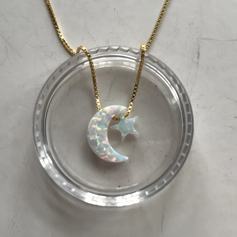 

20PCS/Lot Wholesale Snow White Synthetic Opal Moon & Star Sign Silver Necklace