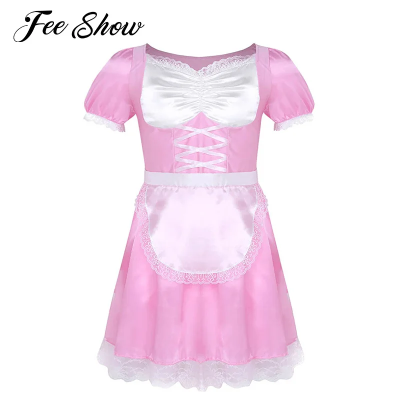 

3Pcs Gay Mens Sissy Maid Uniform Fancy Dress Sexy Costume Outfit Short Sleeve Satin Erotic Sexy Lingerie Role Play Costume Dress