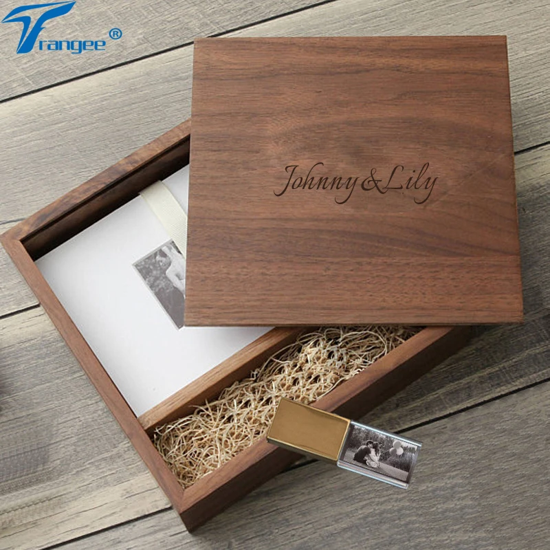 

Custom Wedding Photo/Picture Gold Crystal USB Flash Drive with Big Wood Box(170*170*35mm) 4GB 8GB 16GB 32GB Pendrive