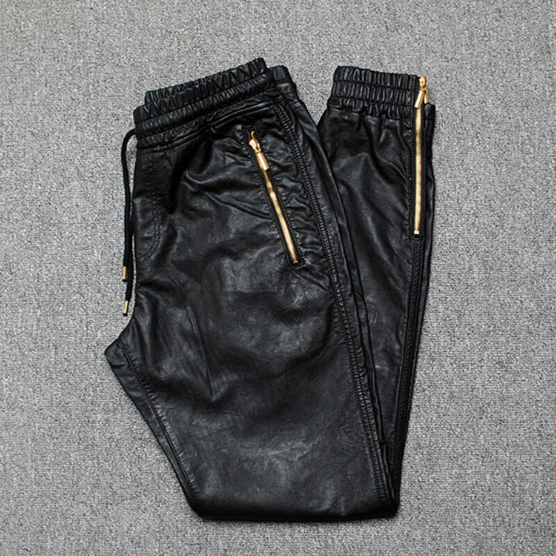 Men black casual PU leather hip hop pants side zipper joggers