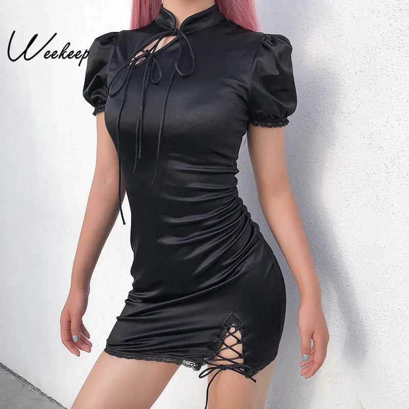 

Weekeep Women Sexy Black Bodycon Short Sleeve Dress 2019 Summer Lace Patchwork Cheongsam Neck Chinese Style Mini Dress Vestidos