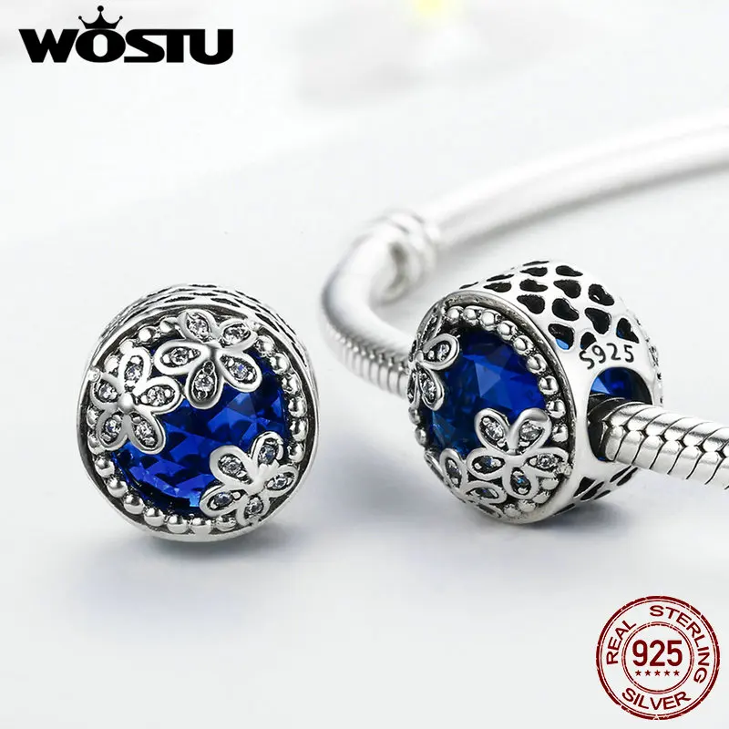 WOSTU Лидер продаж 925 пробы Серебряный Синий Сияющие ромашки Шарм бусины подходят WOST браслет Мода DIY Ювелирные изделия BLC112