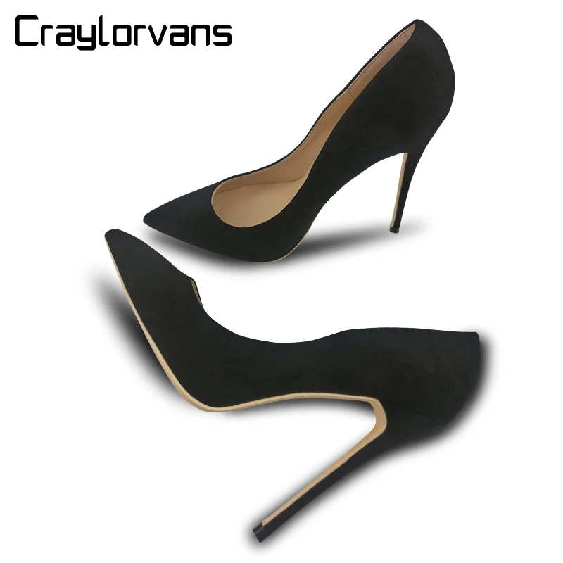 

Craylorvans 12/10/8 cm Classical Black Flock Women Shoes Pointed Toe High Heels Slip on Plush Size Women Pumps Wedding Shoes