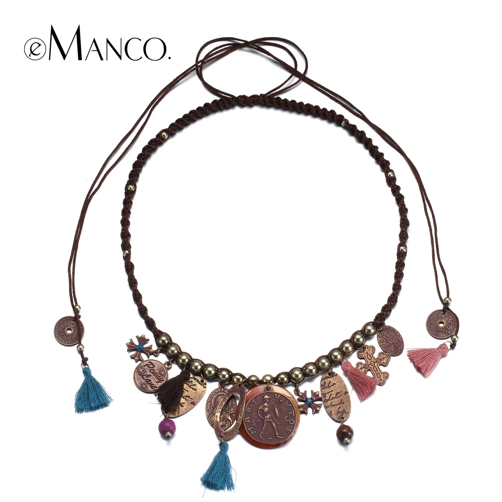 

eManco alloy accessories choker necklaces for women handmade weave adjustable rope necklace tassel coin ethnic jewelry collier