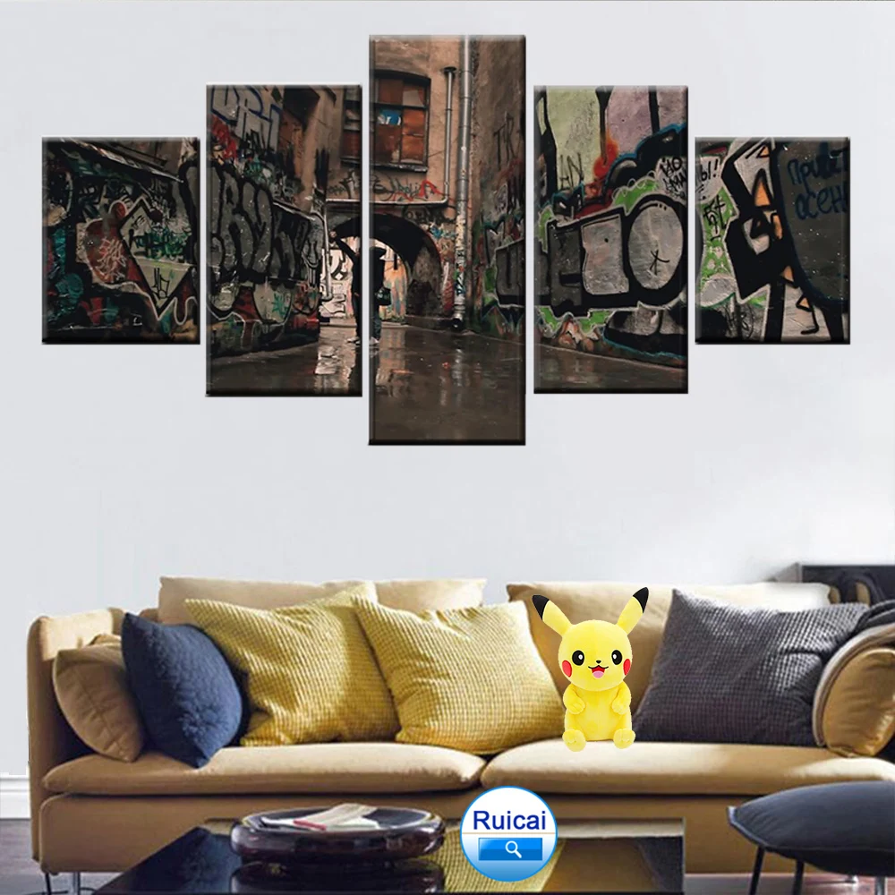

5 Pieces Graffiti Architectural Picture Canvas Poster Modern Decorative Living Room Wall Art Painting HD Print Modular Frame