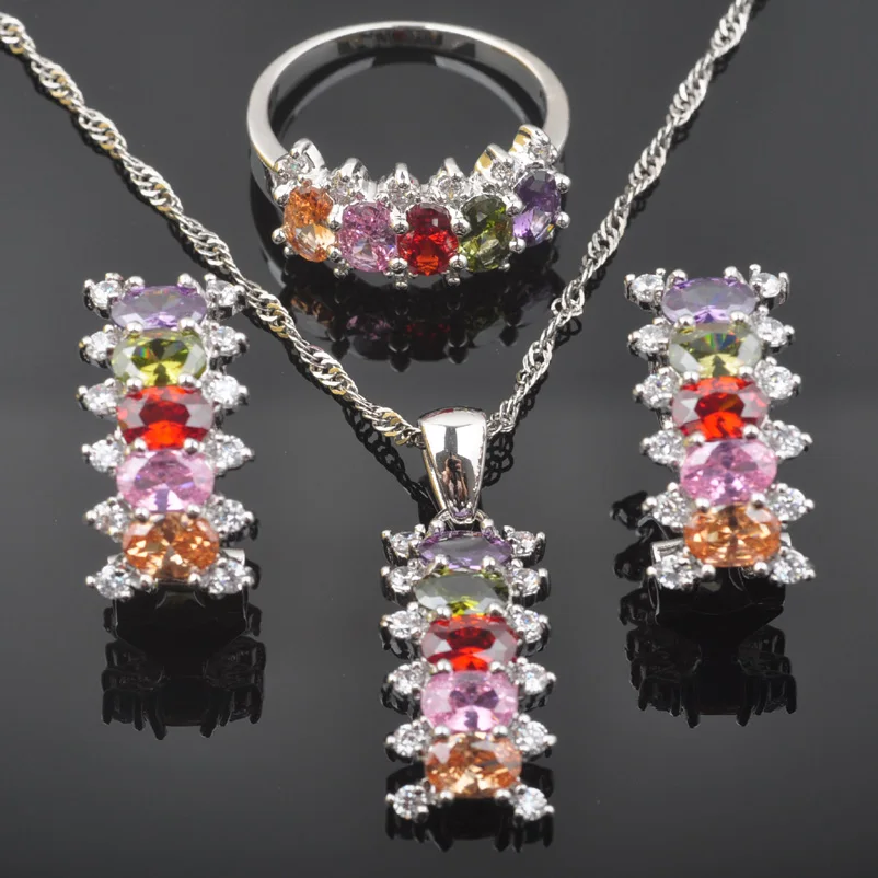 

FAHOYO Wanderful Multicolor Zirconia Women's 925 Sterling Silver Jewelry Sets Earrings/Pendant/Necklace/Rings QZ0561