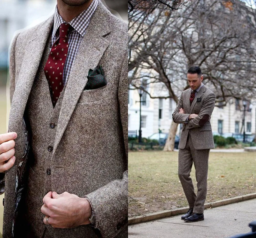 Winter Brown Tweed Suits Vintage Men Suits for Wedding Elbow Patch 3 Pieces Fromal Groom Tuxedos Handsome Male Blazers Jacket