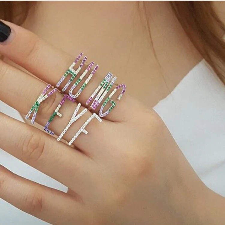 gold filled colorful cz paved Initial Letter rainbow ring hot fashion Alphabet K S Open Adjusted finger jewelry | Украшения и