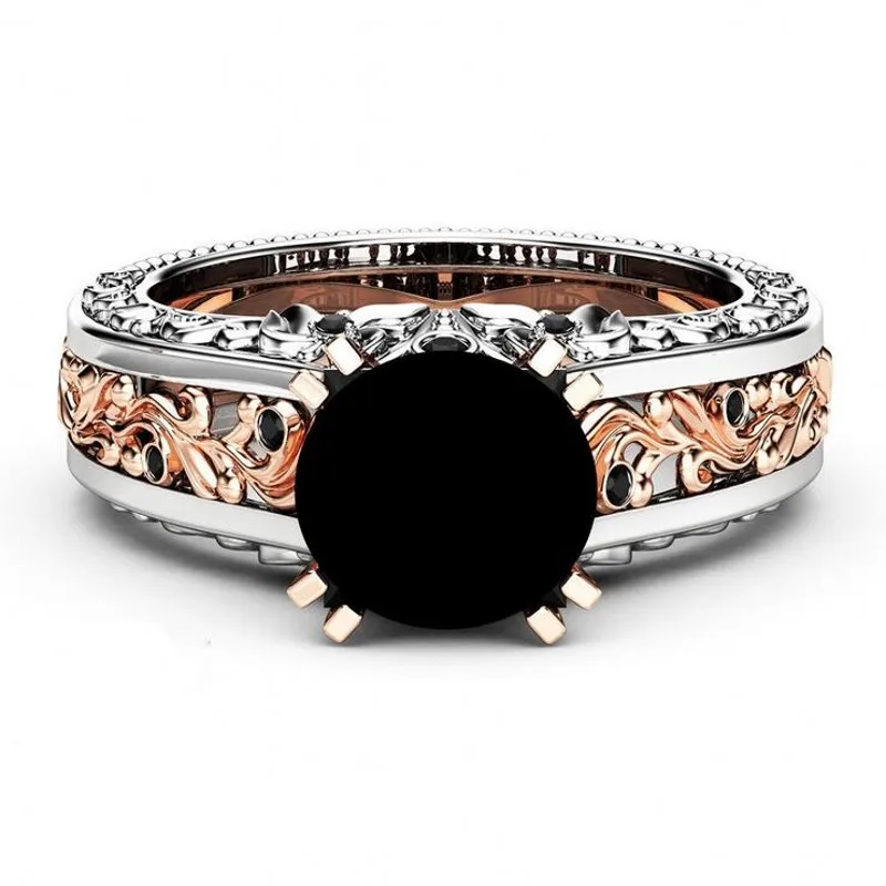 Vecalon, 6 цветов, круглые обручальные кольца с фианитами для женщин, кольцо с эмалью и камнем, покрытое розовым золотом, ювелирные изделия, Прямая поставка - Цвет основного камня: Черный