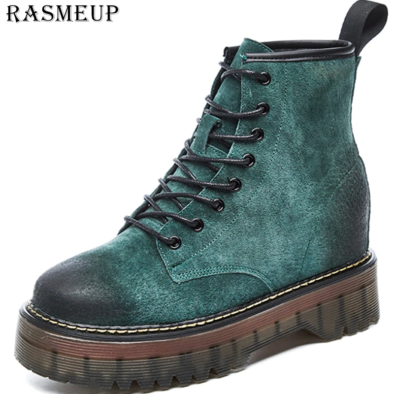 

RASMEUP Genuine Leather Women's Chunky Motorcycle Boots 2019 Spring Winter Warm Women Martin Boot Platform Height Increase Shoes