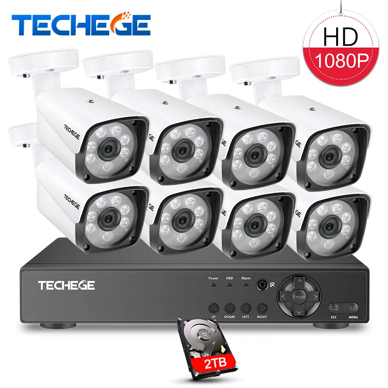

Techege 8CH 1080P Security Camera System 8ch DVR 1080P HDMI Video Output Waterproof Bullet Camera 2MP Camera Surveillance Kit
