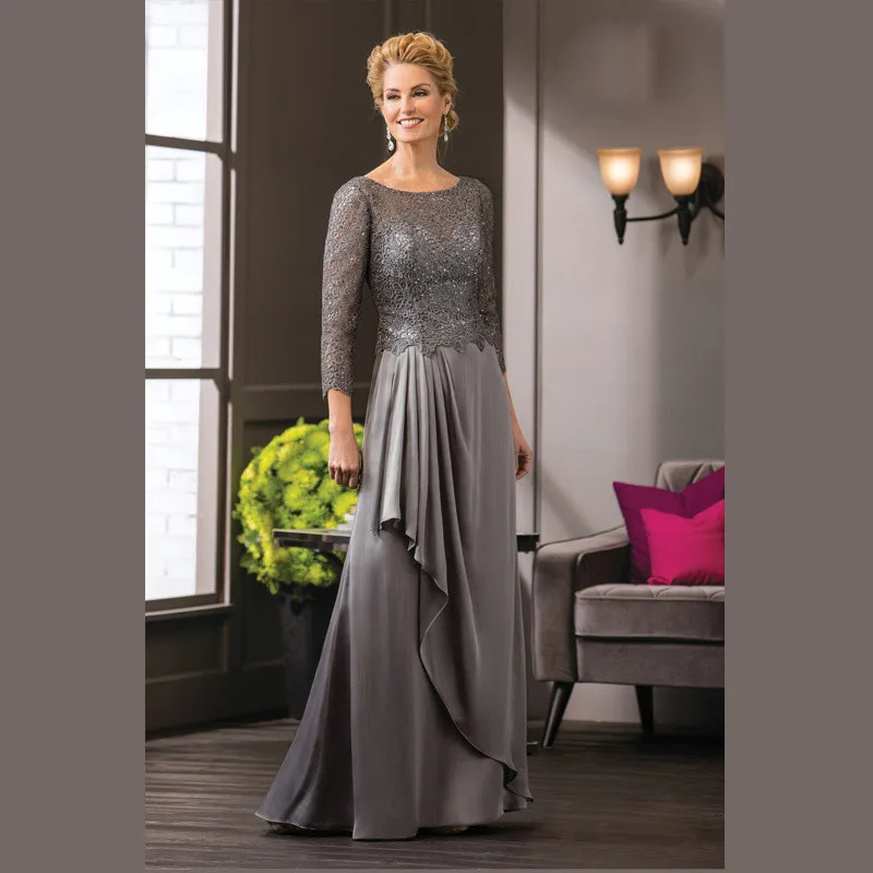 Vestidos Madre de la Novia 2019 серые платья для матери невесты с бусинами рукав 3/4 Свадебный