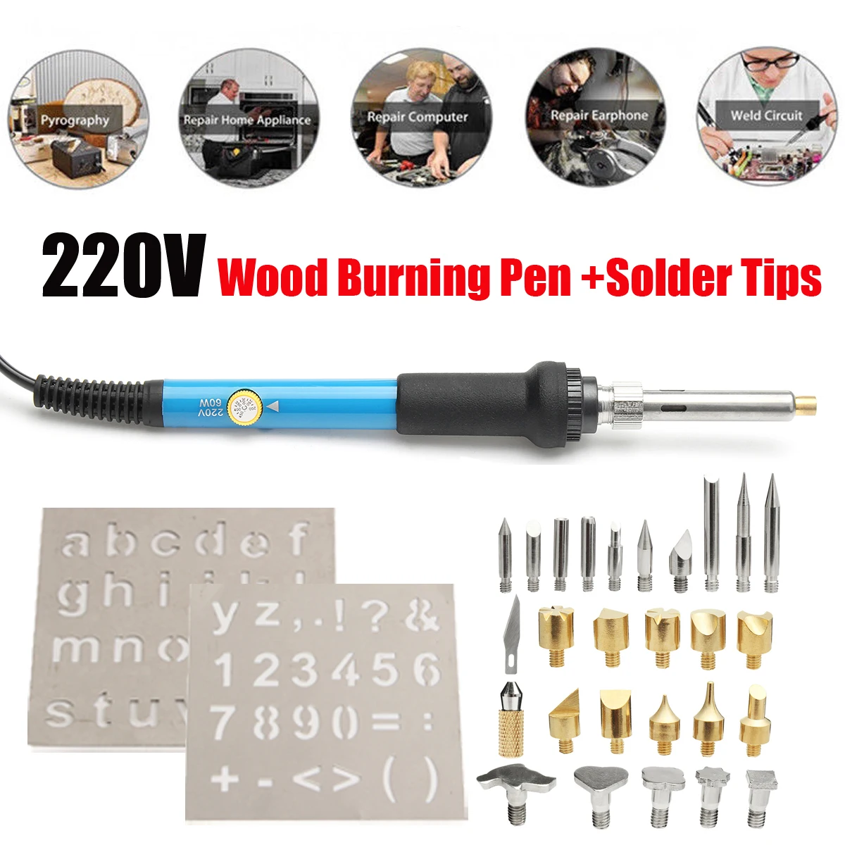 28Pcs Electric Soldering Iron Tools Temperature Adjust 220V 60W Wood