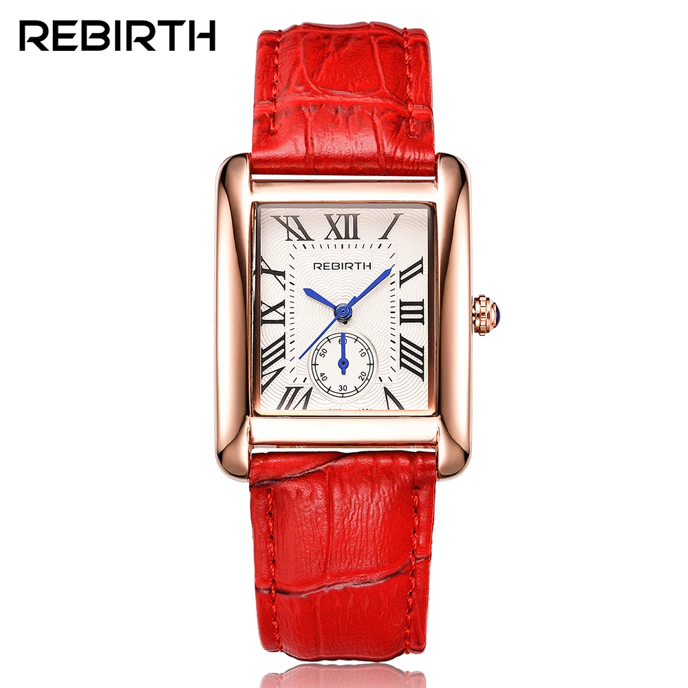 

Rectangle Luxury Brand Women's Fashion Watches REBIRTH Elegant Retro Leather Quartz-watch with Blue pointer Woman Dress Clock