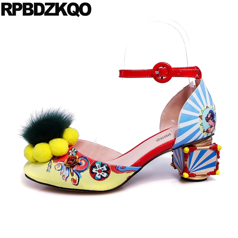 

Thick Round Toe Pumps Flower Ladies Diamond Pom Poms High Heels Ankle Strap Colourful Metal Handmade Genuine Leather Women Shoes