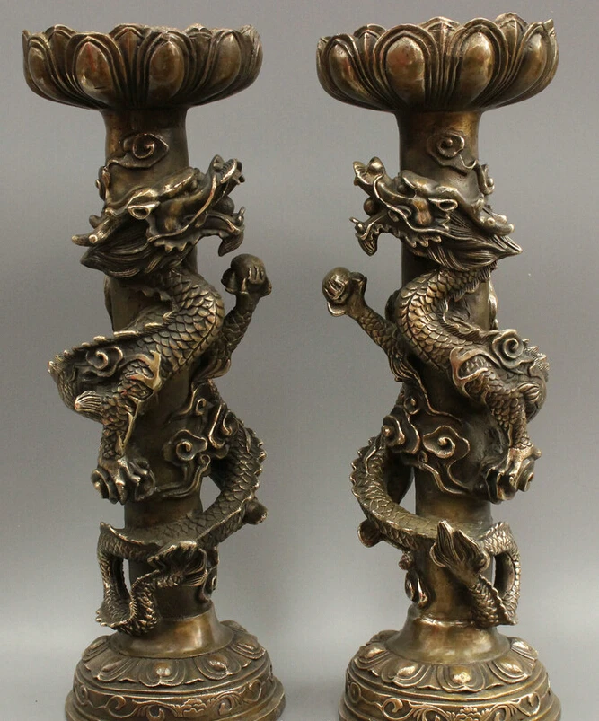 

song voge gem S3077 15" Chinese Bronze Copper Dragon Statue Buddhism Lotus Candle Stick Holder Pair