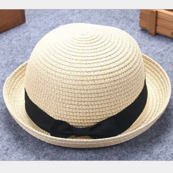 

child Girl boy adult male female summer style hat British retro bow princess curling straw hat dome flat roof beach sunscreen 53