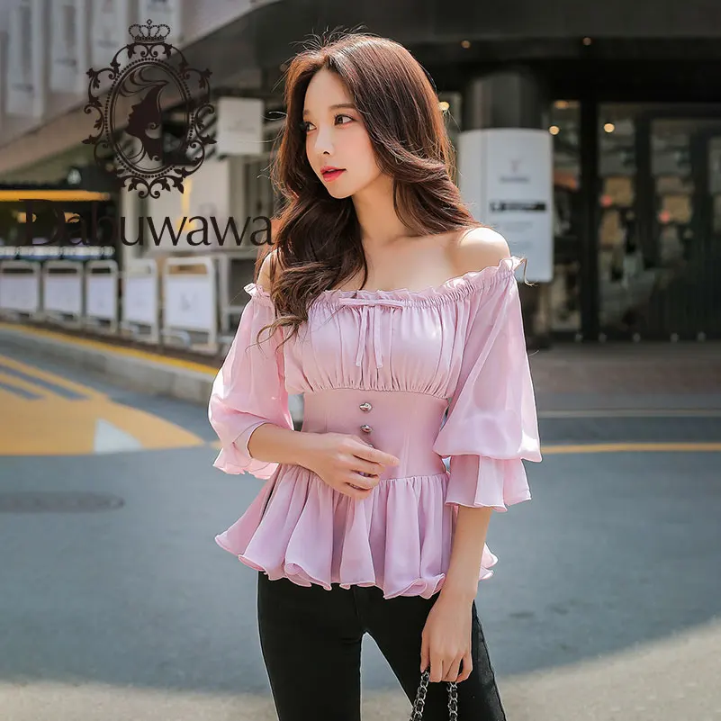 Dabuwawa Spring Off Shoulder Ruffles Chiffon Blouses for Girls Women New Pink Sweet Flare Sleeve Elegant Shirts Top D18CCF006 Dabuwawa Spring Off Shoulder Ruffles Chiffon Blouses for Girls Women New Pink Sweet Flare Sleeve Elegant Shirts Top D18CCF006