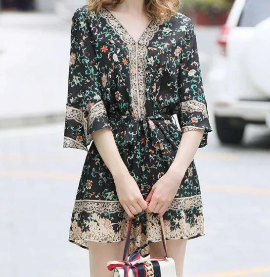 

Women's Summer Print Jumpsuit Shorts Casual Loose Short Sleeve V-neck Belted Jumpsuit