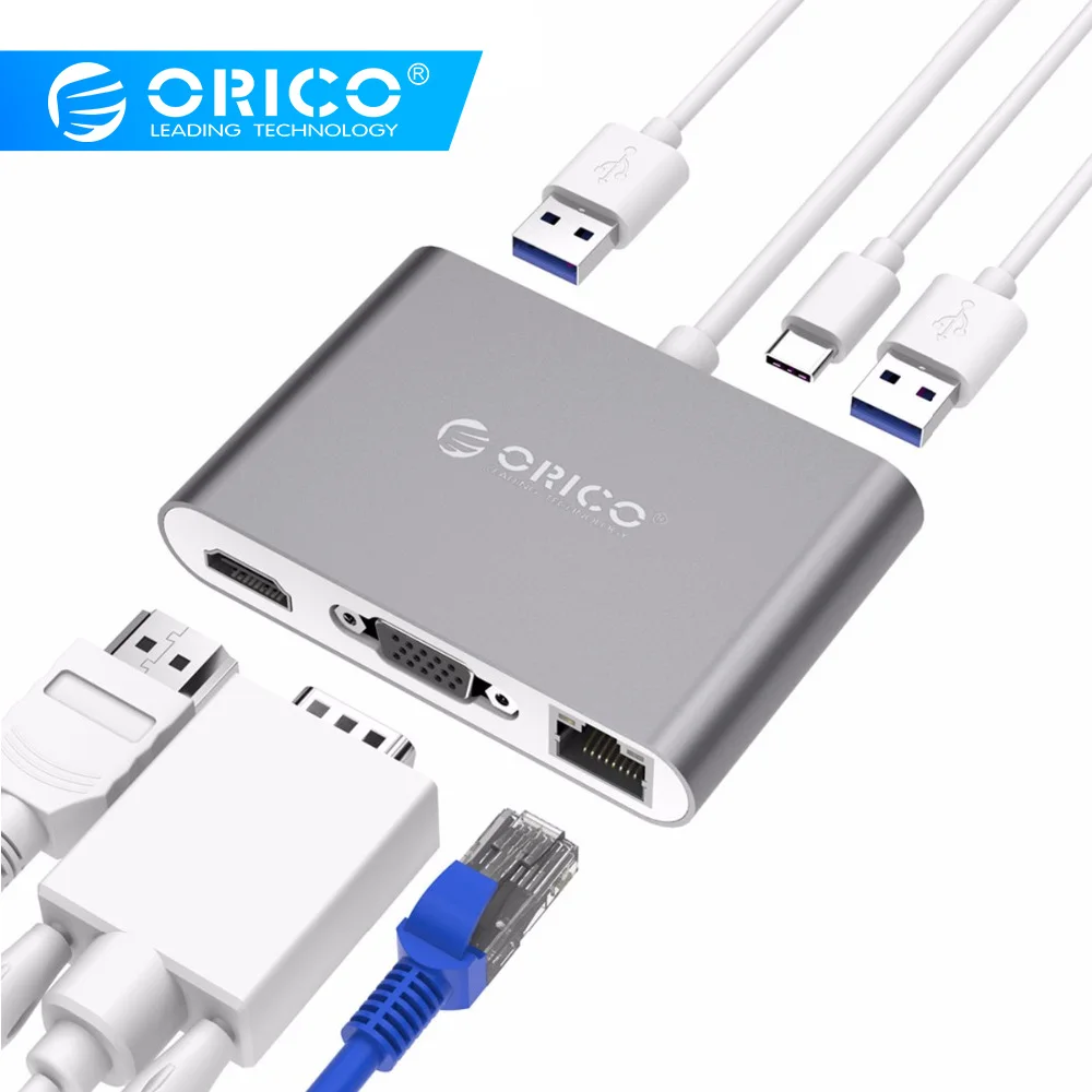 

ORICO USB HUB USB C to HDMI RJ45 VGA Type-C PD Adapter For Mac/Samsung Galaxy/ Huawei Type C USB 3.0 HUB