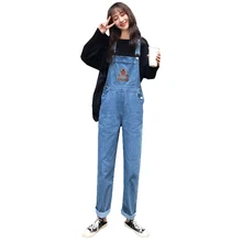 Новые осенние джинсы женские Харадзюку милый вышитый медведь джинсовый комбинезон Свободные Высокая талия ретро синий джинсовый комбинезон