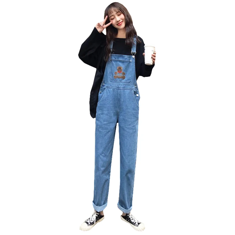 

2019 New Autumn Jeans Female Harajuku Cute Embroidered Bear Denim Bib Pants Loose High Waist Retro Blue Denim Jumpsuit