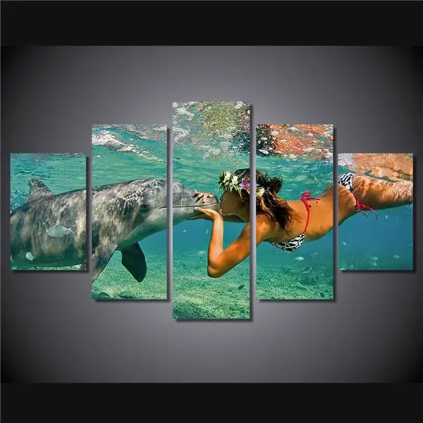 Hd Printed Devushka Delfin Poceluy Druzya Painting Canvas Print Room Decor Poster Picture Free Shipping/Ny-4949 NO | Дом и сад