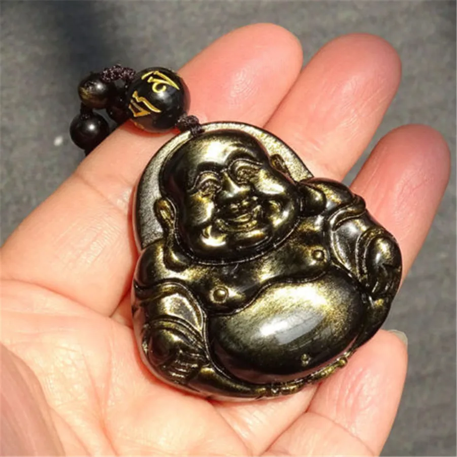Genuine Natural Gold Black Obsidian Crystal Maitreya Buddha Shape Pendant 43x43x10mm For Woman and Man AAAAA (2)