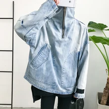 Men’s turtleneck denim jacket brand male street fashion hiphop loose pullover vintage jeans coat male zipper outwear C505