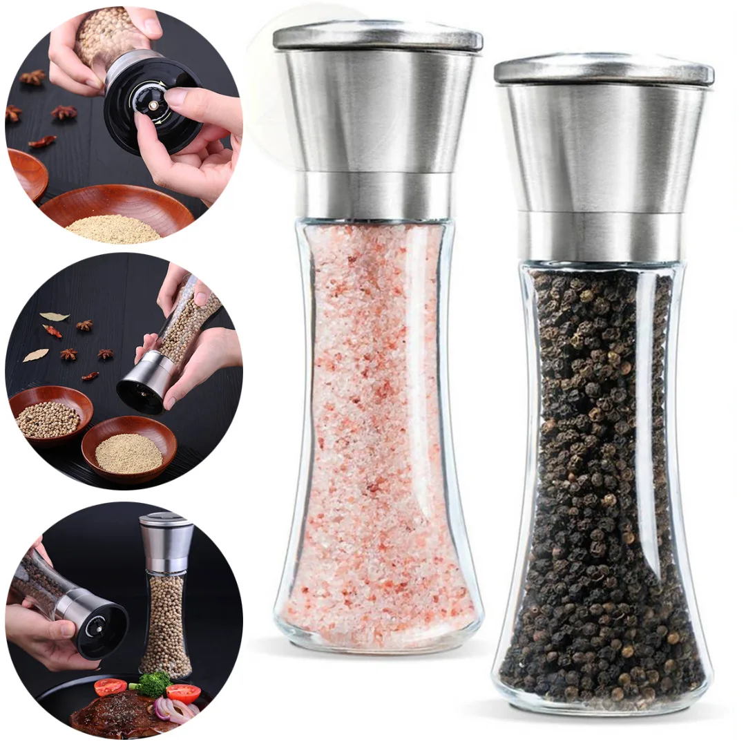 Salt And Pepper Grinder Set Salt Mill Pepper Mill Spice 304 Stainless Steel Lid Slim Glass Bottle Adjustable Ceramic Rotor