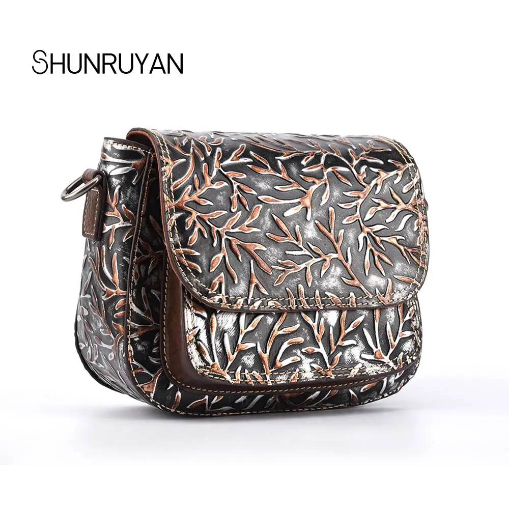 

SHUNRUYAN 2018 New shoulder leather handbags simple fashion Retro Cow leather Embossed ladies shoulder bag Messenger bag