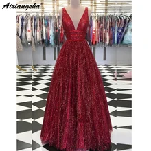 Блестящее бальное платье, длинные платья для выпускного вечера, v-образный вырез, открытая спина, бургундское вечернее платье с блестками, платье для выпускного вечера