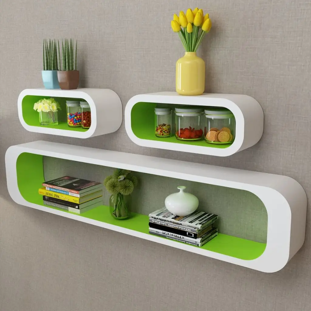 vidaXL 3 White Green MDF Floating Wall Display Shelf Cubes Book/DVD