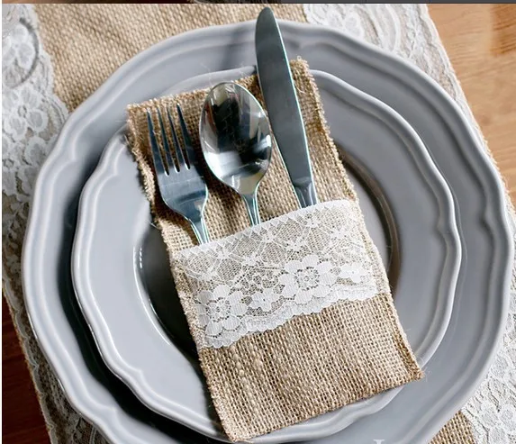 Hessian Rustic Wedding Burlap And Lace Cutlery Silverware Holder Hessian Rustic Wedding Burlap And Lace Cutlery Silverware Holder Pocket Table Decor Home