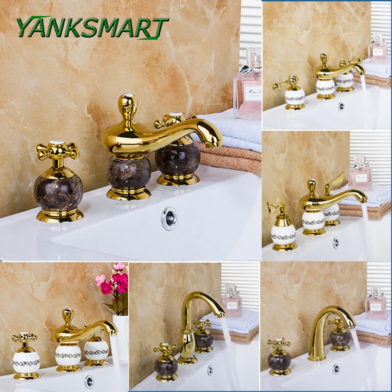 

YANKSMART Luxury Deck Mounted Mixer Ceramic Gold Marble Taps Waterfall 3 Pieces Bathroom Bathtub Basin Sink Brass Faucet Set