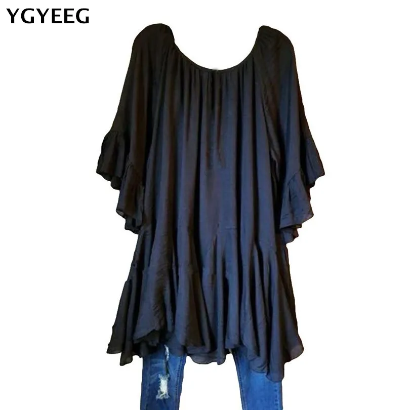 

YGYEEG Women Blouse Shirts Elegant Ruffles Women Tops Plus Size S-5XL Flare Sleeve Solid Casual Loose Shirt Blusas Feminina Tops
