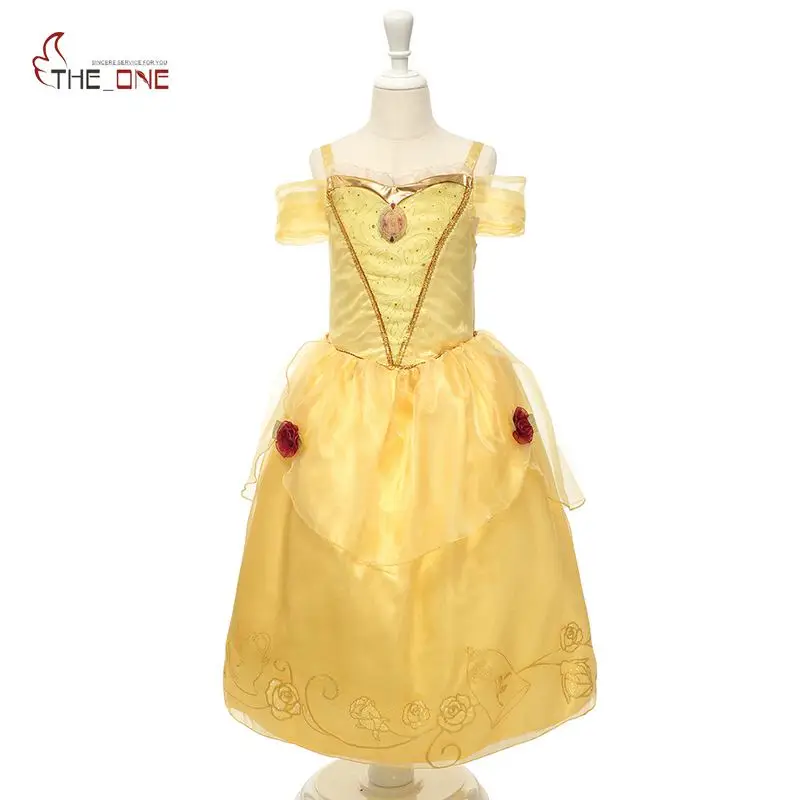 

MUABABY Girl Princess Dress Children Belle Costume Deluxe Girl Off Shoulder Rose Flower Cosplay Party Dresses Gown Kids Dress Up
