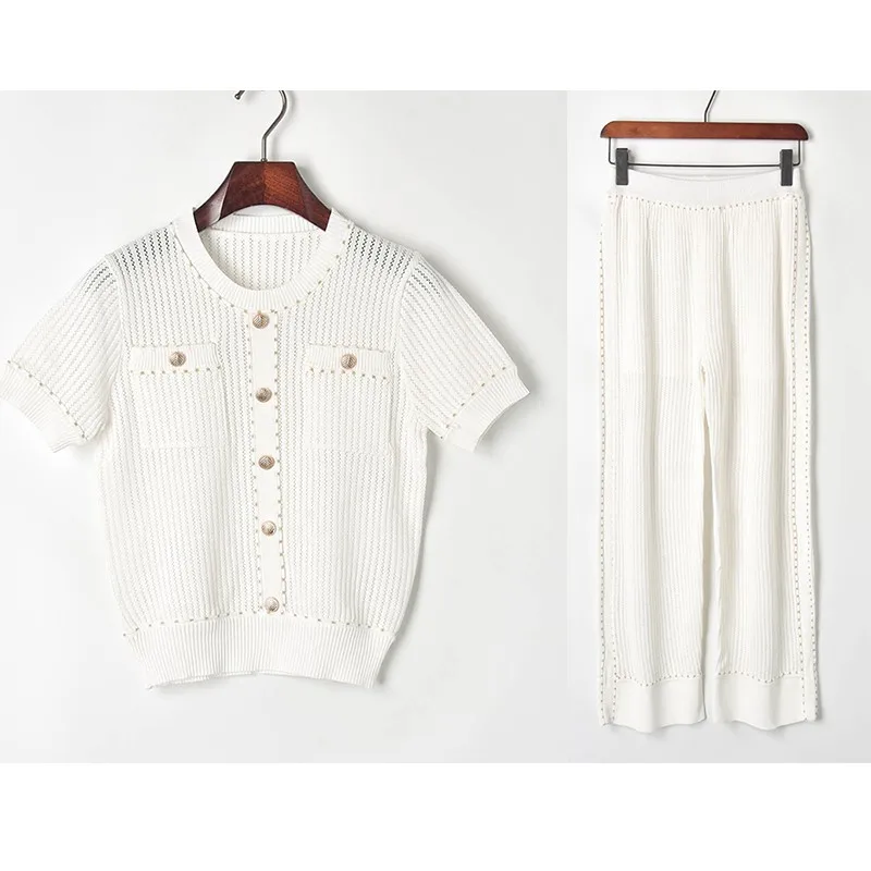 Pantaloni Marca Estate Pezzi Delle Seta Donne E Alta Wide Dei 2019 Maglia il gamba Due Set 2 Lavorato Modo A Fuori Superiore Bianco Ha Qualità Top Di Nero Scava Ghiaccio Del dI4YRw