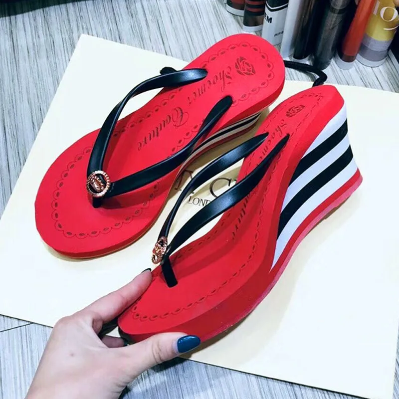 

EABXZ cute slippers Originally created nsummer muffin bottom high-heeled flip-flop sandals fur slides heels furry slippers