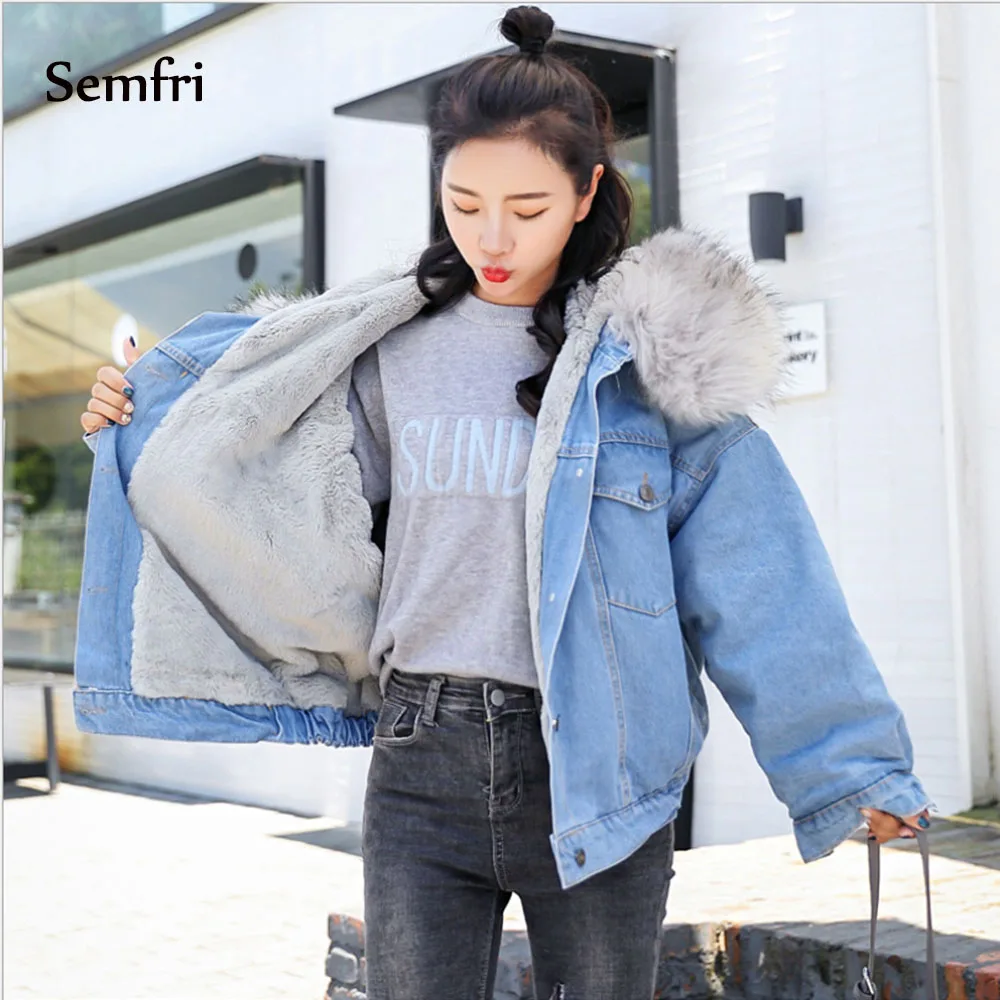 

Semfri Women's Winter Thick Jean Jacket Faux Fur Collar Fleece Hooded Denim Coat Female Padded Warm Coats Outwear Dropshipping